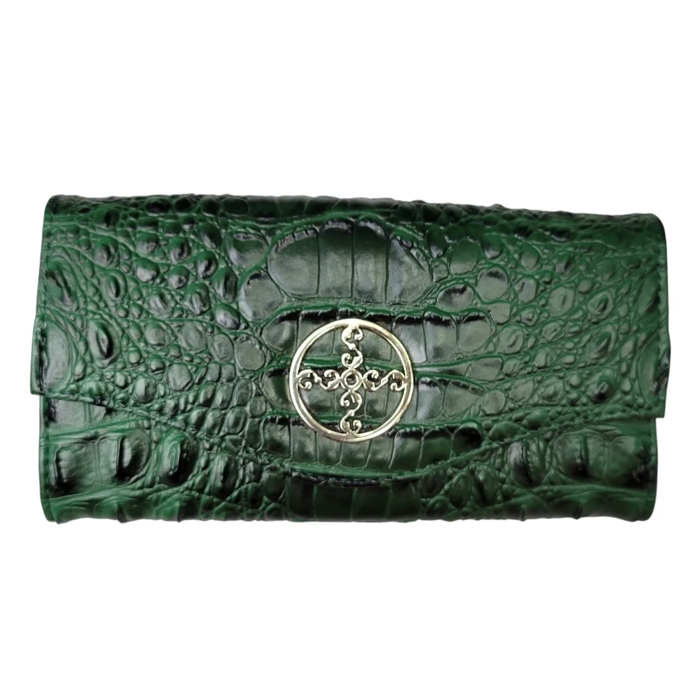STAUER Emerald Green Croc-Embossed Leather Wallet w/ Gold Medallion